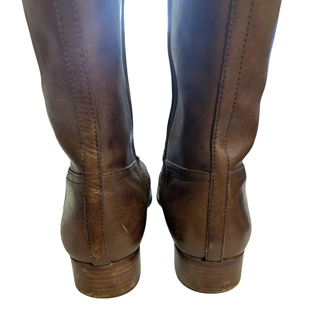 Tory Burch Kiernan Riding Boots Gold Logo Equestrian Preppy Leather Brown 10